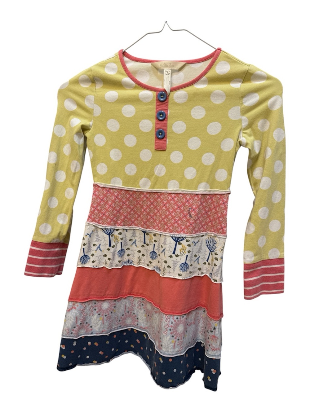 Matilda Jane Girls Polka Dot & Tiered Long Sleeve Dress Size 6 Yellow & Coral